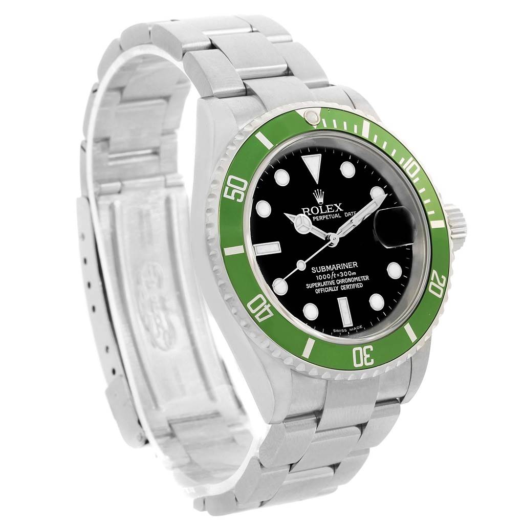 The image shows a Rolex Submariner 16610LV Men's Stainless Steel Black Dial 16610LV Men's Stainless Steel Black Dial watch from an angled view, highlighting the green bezel, black dial, bracelet, and clasp.
