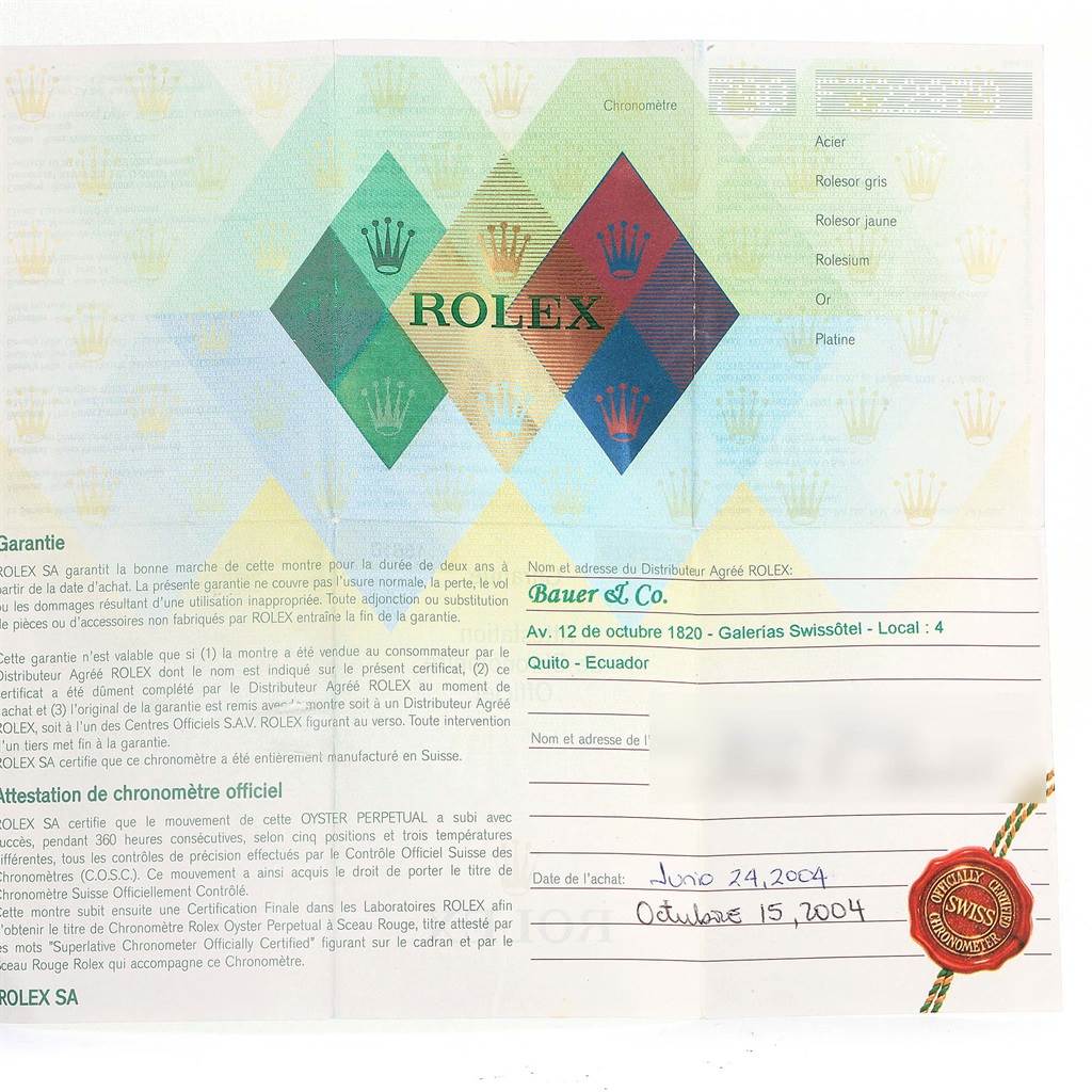 This image shows the official guarantee and chronometer certification paper for a Rolex Submariner 16610LV Men's Stainless Steel Black Dial 16610LV Men's Stainless Steel Black Dial watch.