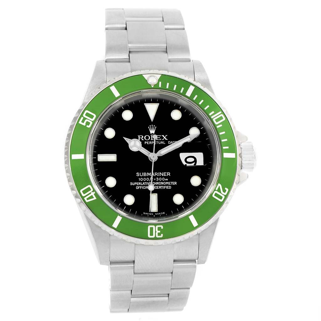 The Rolex Submariner 16610LV Men's Stainless Steel Black Dial 16610LV Men's Stainless Steel Black Dial watch is shown from a front angle, displaying its green bezel, black dial, and stainless steel bracelet.