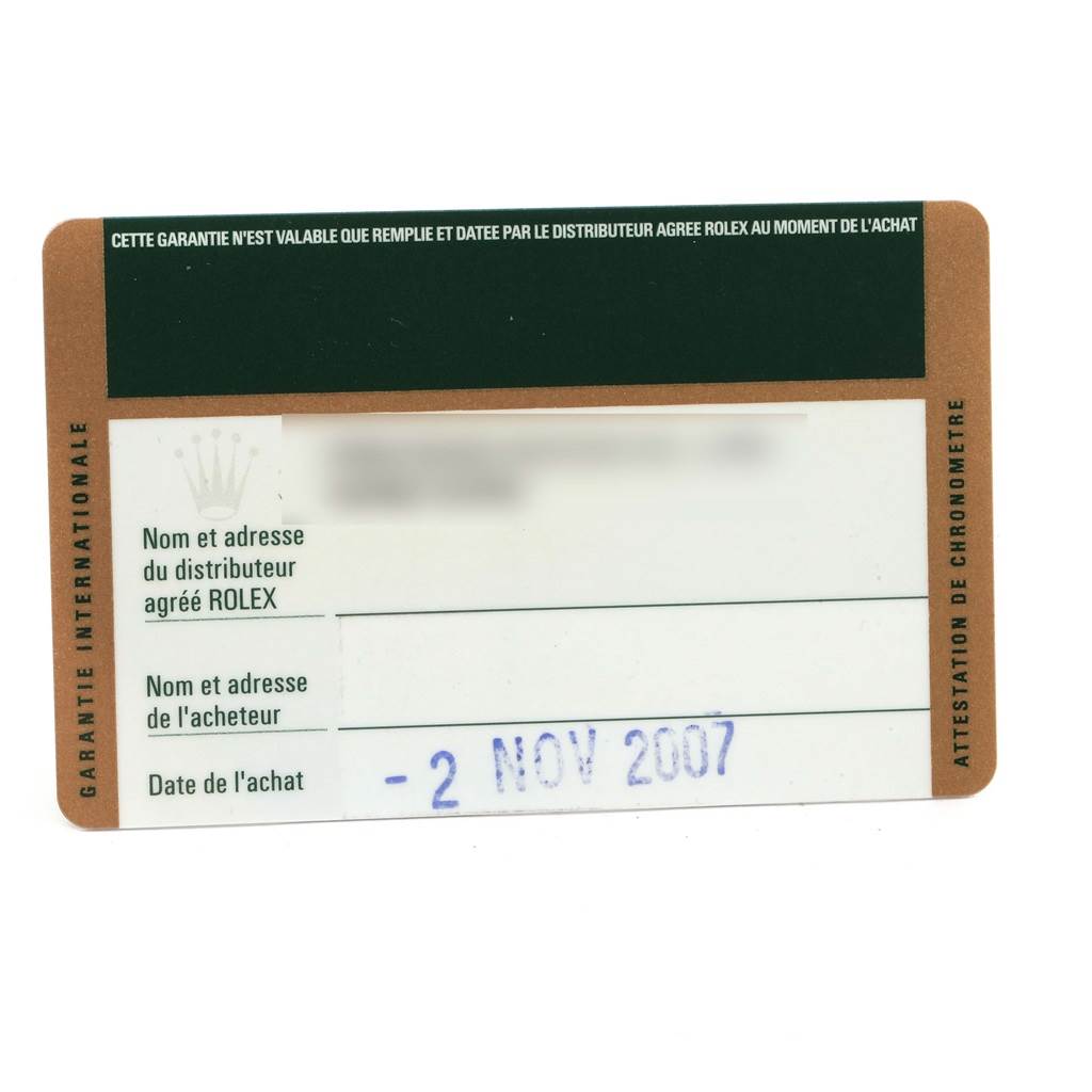 The image shows a warranty card for a Rolex Submariner 16613 Men's Steel and Gold (two tone) Blue Dial 16613 Men's Steel and Gold (two tone) Blue Dial watch, detailing distributor and buyer information, and the purchase date.