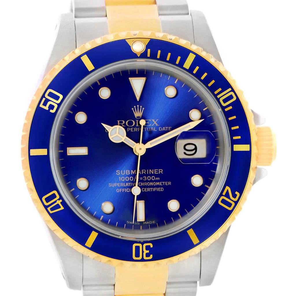 This image shows a front view of a Rolex Submariner 16613 Men's Steel and Gold (two tone) Blue Dial 16613 Men's Steel and Gold (two tone) Blue Dial watch, highlighting the blue dial, date window, and two-tone bracelet.