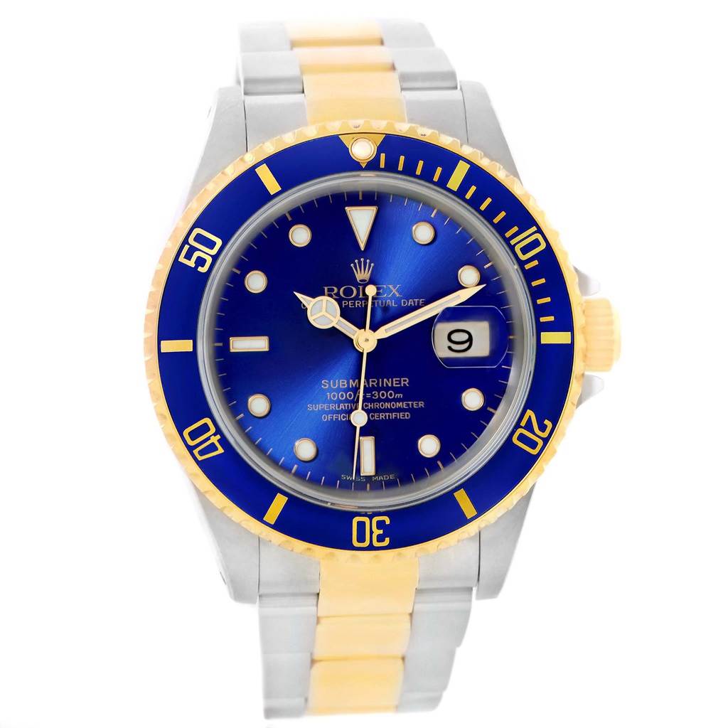 The Rolex Submariner 16613 Men's Steel and Gold (two tone) Blue Dial 16613 Men's Steel and Gold (two tone) Blue Dial watch is shown from a front angle, displaying the dial, bezel, and part of the bracelet.