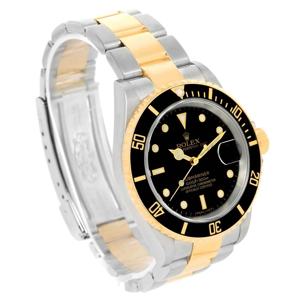 The image shows a Rolex Submariner 16613 Men's Steel and Gold (two tone) Black Dial 16613 Men's Steel and Gold (two tone) Black Dial watch at a slight angle, highlighting the bezel, dial, and part of the bracelet.