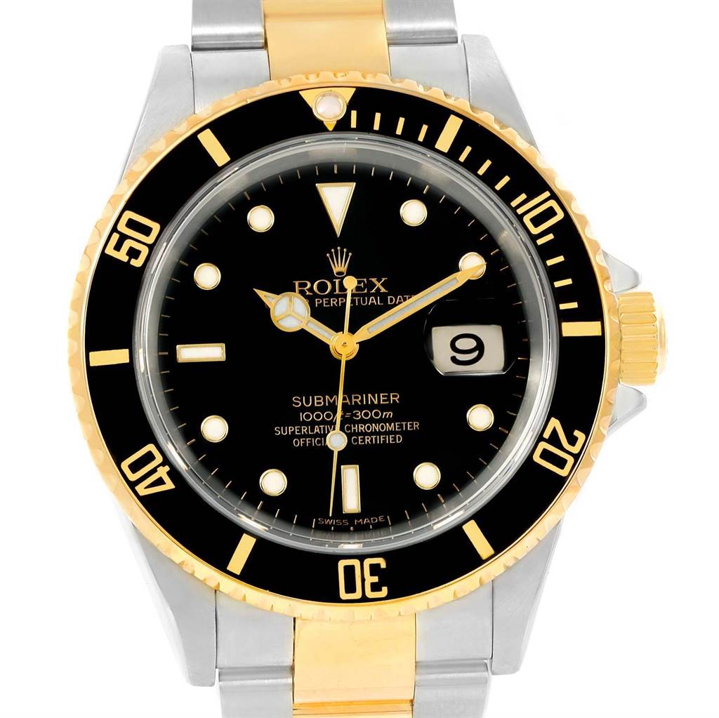This image shows a front view of the Rolex Submariner 16613 Men's Steel and Gold (two tone) Black Dial 16613 Men's Steel and Gold (two tone) Black Dial watch, including the face, bezel, and part of the stainless steel and gold bracelet.