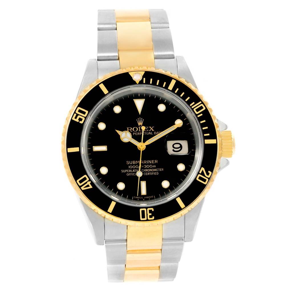 This image shows a front view of a Rolex Submariner 16613 Men's Steel and Gold (two tone) Black Dial 16613 Men's Steel and Gold (two tone) Black Dial watch, highlighting the dial, bezel, and bracelet.