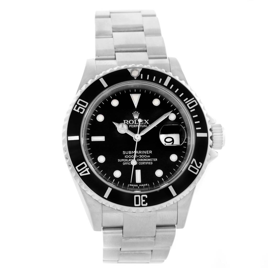 This image shows a front view of a Rolex Submariner 16610 Men's Stainless Steel Black Dial 16610 Men's Stainless Steel Black Dial watch highlighting its face, bezel, and bracelet.