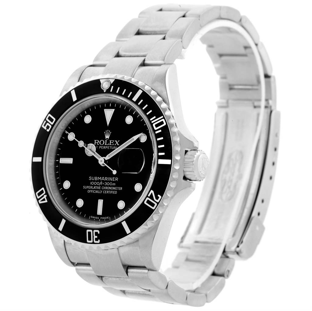 This image shows a Rolex Submariner 16610 Men's Stainless Steel Black Dial 16610 Men's Stainless Steel Black Dial model at a slight angle, highlighting its black dial, bezel, and stainless steel bracelet.