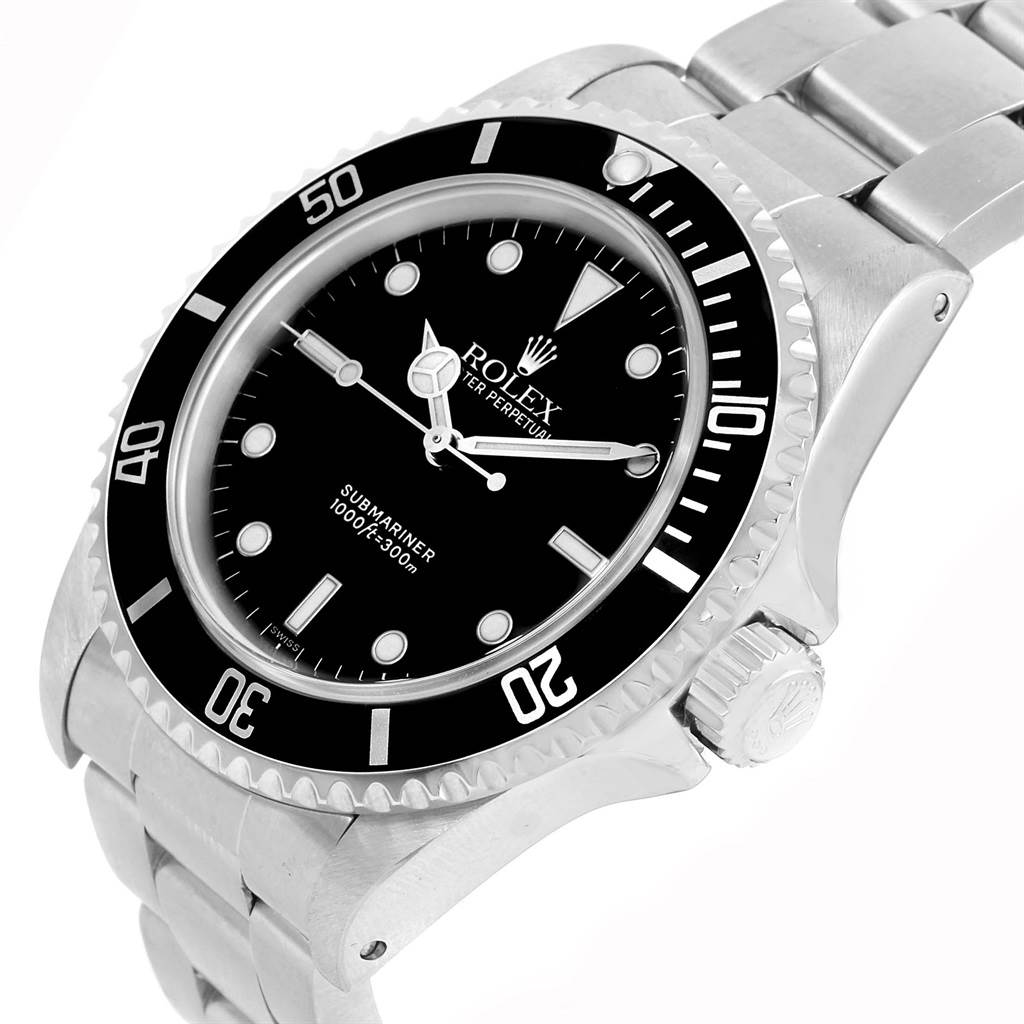 The image shows a side angle view of a Rolex Submariner 14060 Men's Stainless Steel Black Dial 14060 Men's Stainless Steel Black Dial watch, focusing on the face, bezel, and part of the bracelet.
