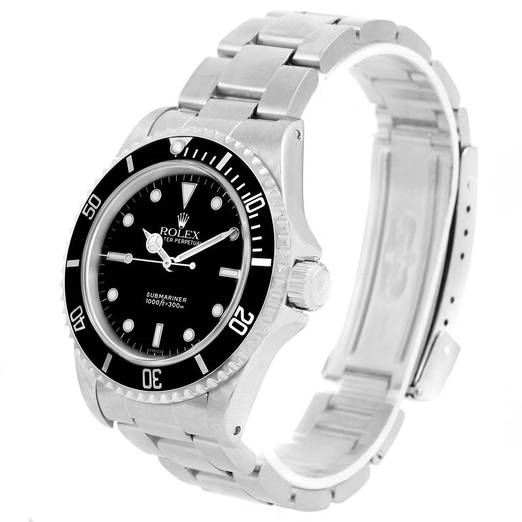 This image shows a side angle of a Rolex Submariner 14060 Men's Stainless Steel Black Dial 14060 Men's Stainless Steel Black Dial, highlighting the dial, bezel, crown, and metal bracelet.