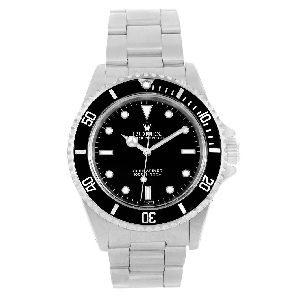 The image shows a front view of a Rolex Submariner 14060 Men's Stainless Steel Black Dial 14060 Men's Stainless Steel Black Dial watch, displaying the face, bezel, crown, and bracelet.