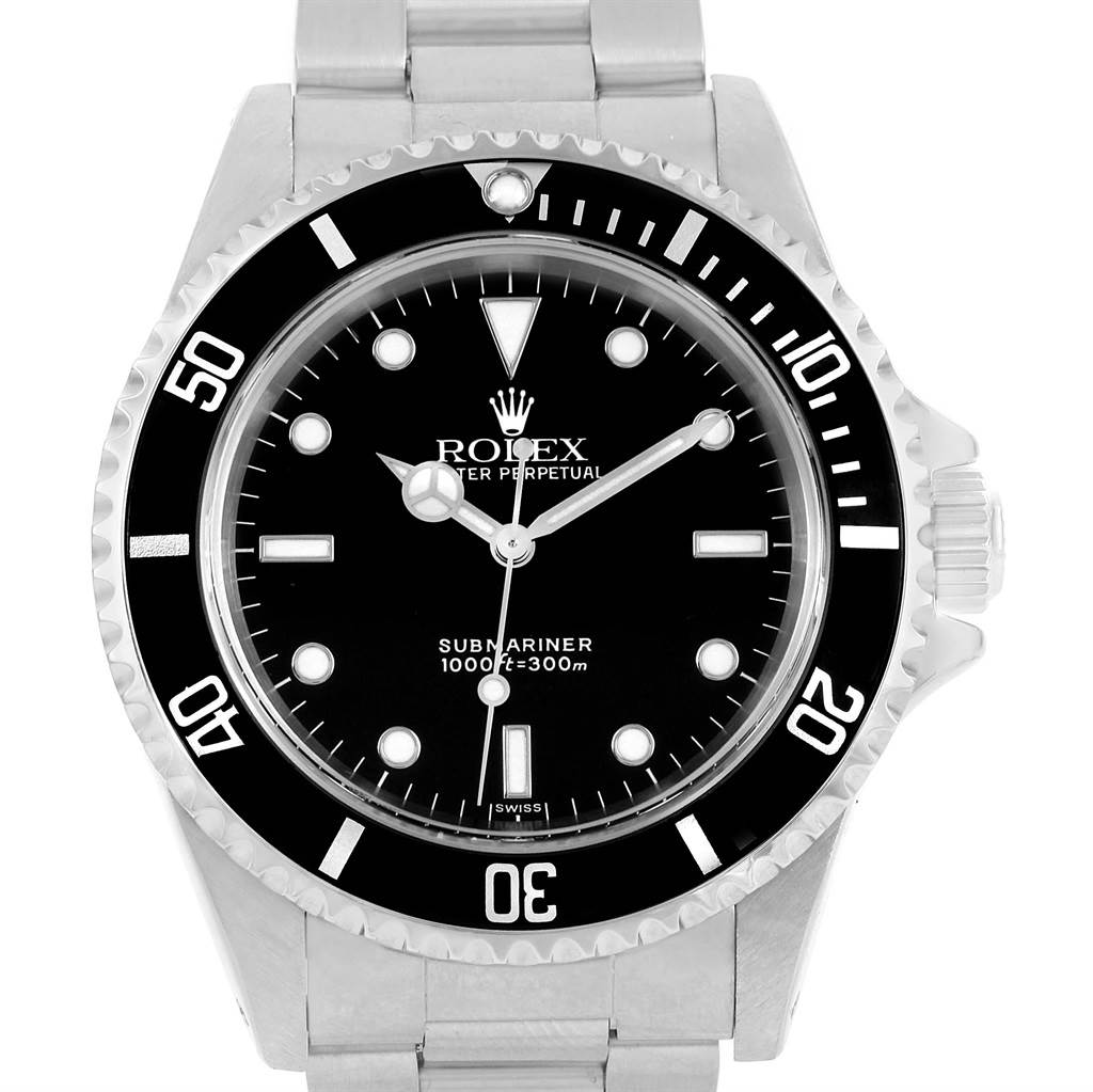 The image shows a front view of a Rolex Submariner 14060 Men's Stainless Steel Black Dial 14060 Men's Stainless Steel Black Dial watch, highlighting its bezel, dial, hands, and bracelet.