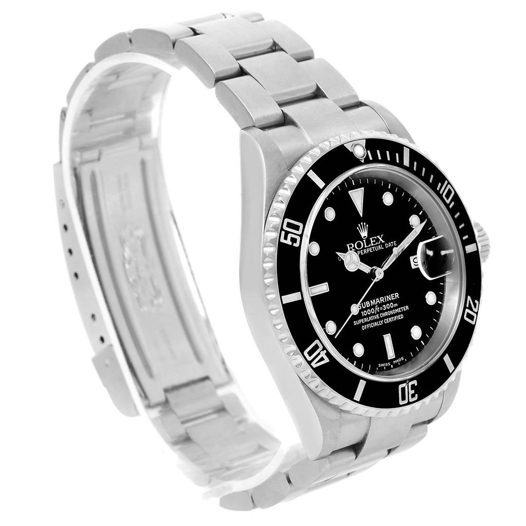 The image shows a side angle of the Rolex Submariner 16610 Men's Stainless Steel Black Dial 16610 Men's Stainless Steel Black Dial watch, focusing on the dial, bezel, and part of the bracelet.