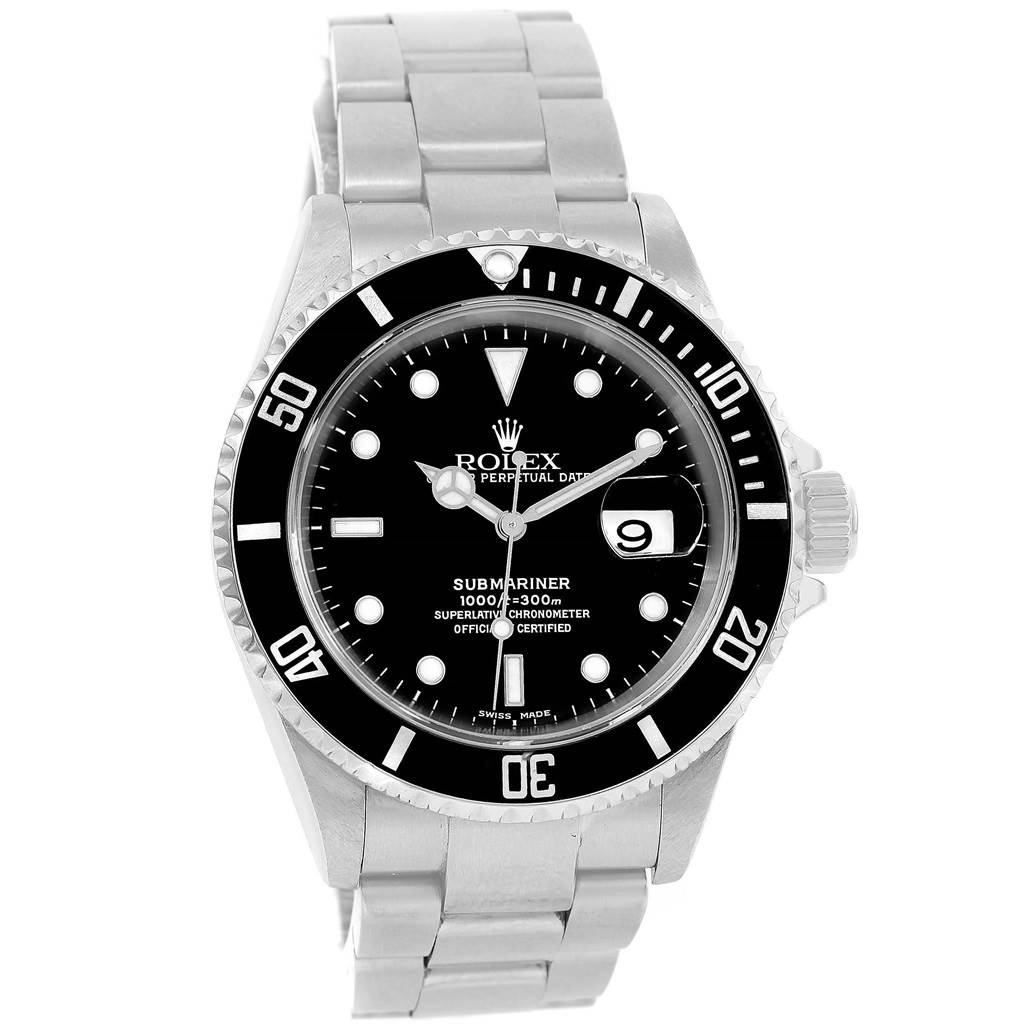 This image shows a front view of the Rolex Submariner 16610 Men's Stainless Steel Black Dial 16610 Men's Stainless Steel Black Dial, highlighting its dial, bezel, and bracelet.