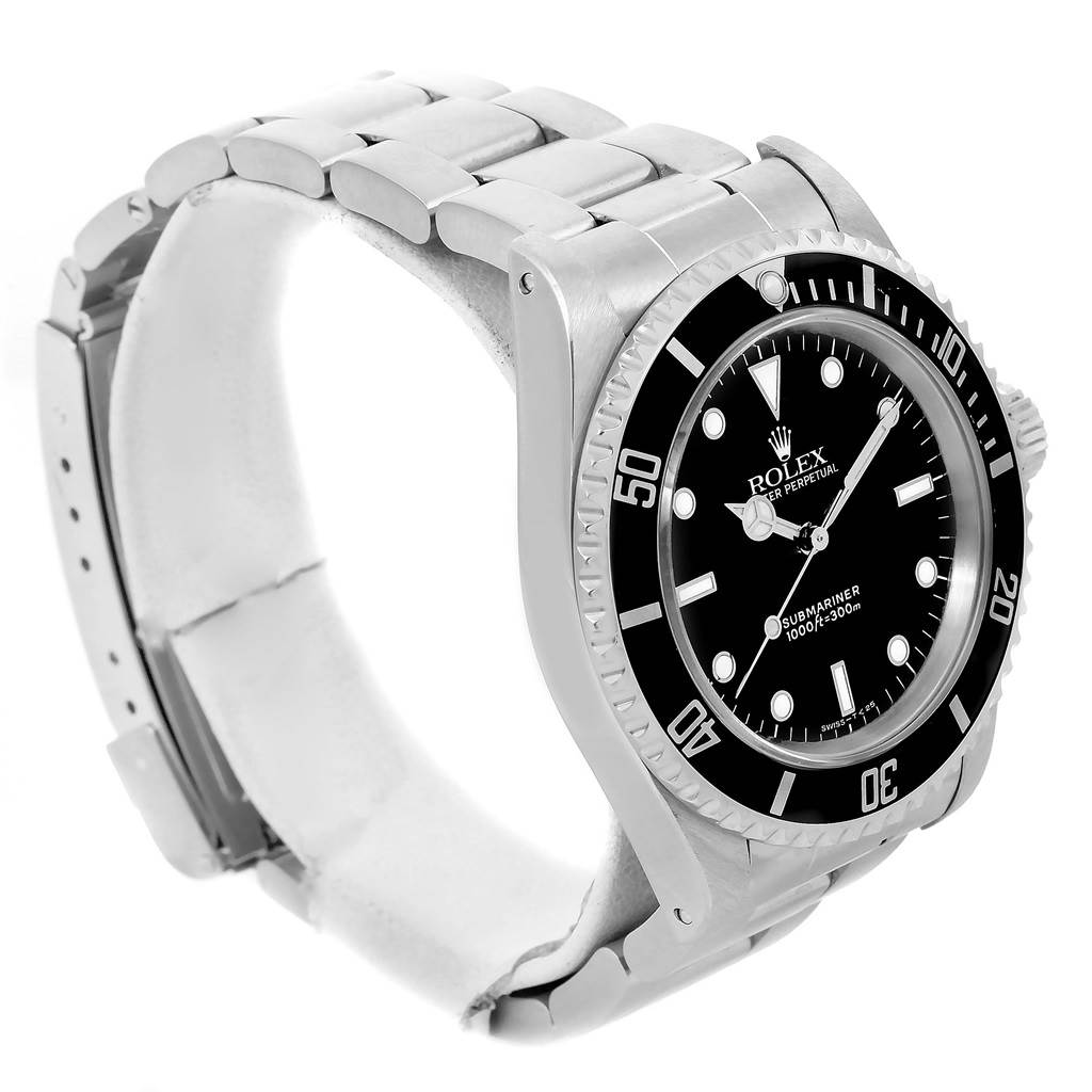 This Rolex Submariner 14060 Men's Stainless Steel Black Dial 14060 Men's Stainless Steel Black Dial watch is shown from a side angle, displaying the bracelet, bezel, and part of the dial.