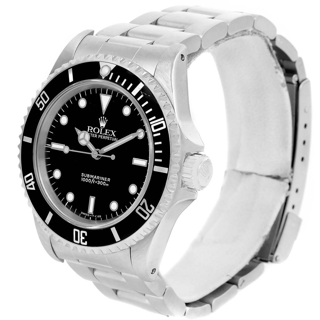The image shows a front and partial side view of a Rolex Submariner 14060 Men's Stainless Steel Black Dial 14060 Men's Stainless Steel Black Dial watch, highlighting the watch face, bezel, and bracelet.