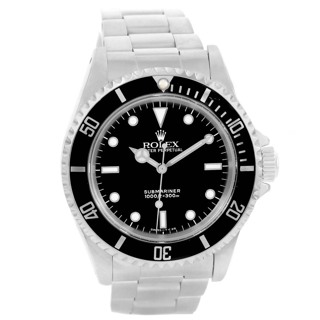 This image shows a Rolex Submariner 14060 Men's Stainless Steel Black Dial 14060 Men's Stainless Steel Black Dial watch from a front angle, highlighting the face, bezel, and bracelet.