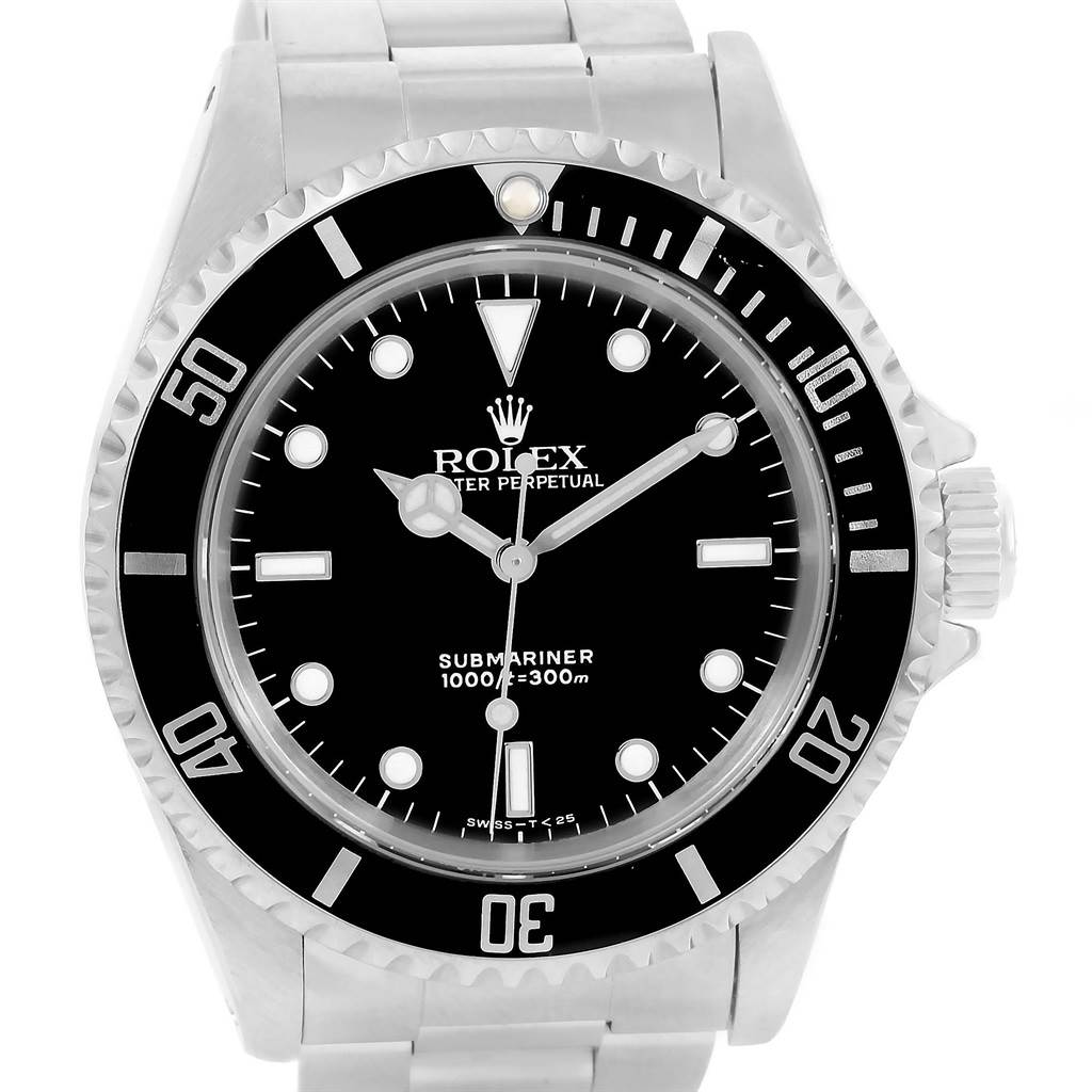 The image shows a front view of a Rolex Submariner 14060 Men's Stainless Steel Black Dial 14060 Men's Stainless Steel Black Dial watch, displaying its face, bezel, and stainless steel bracelet.