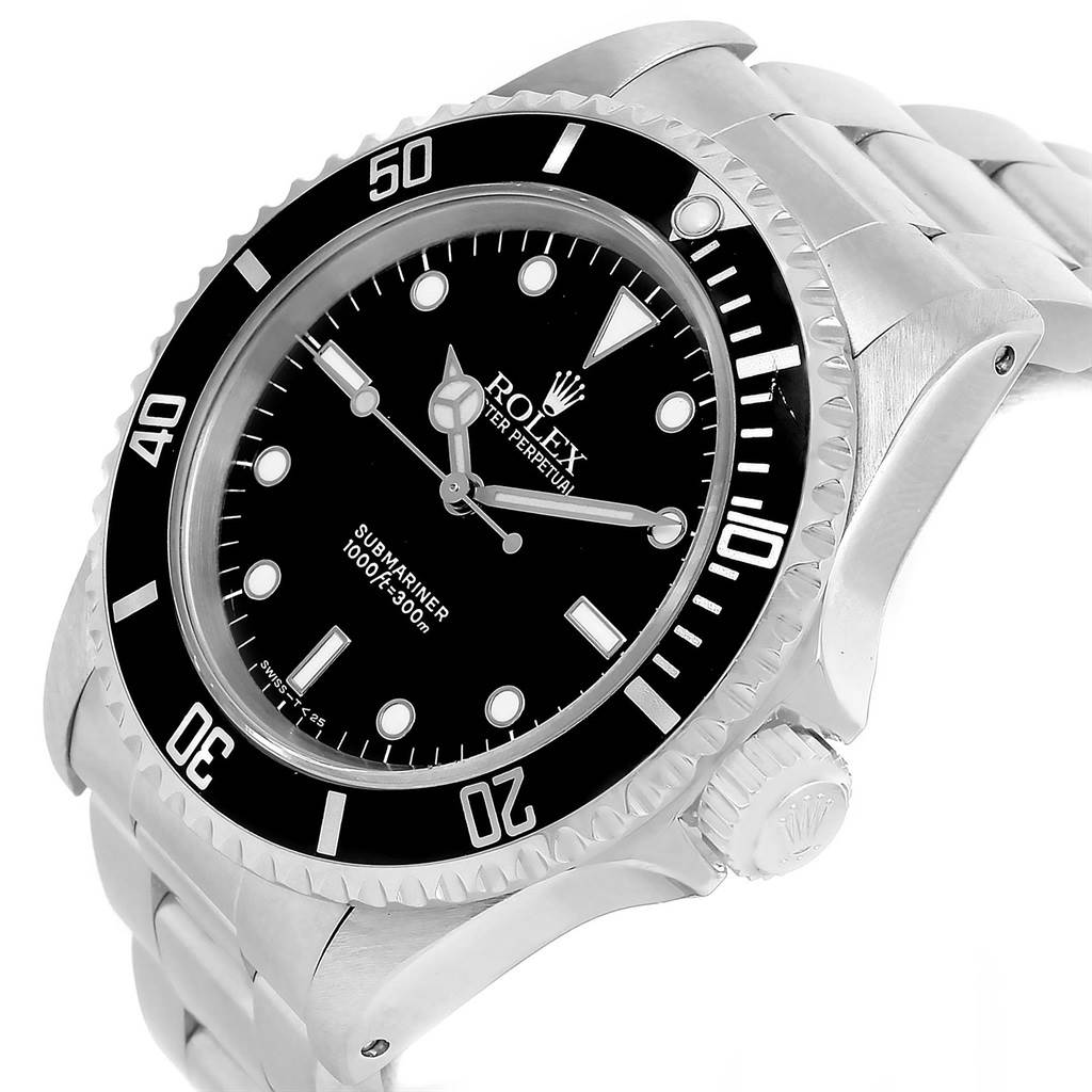 The image shows a Rolex Submariner 14060 Men's Stainless Steel Black Dial 14060 Men's Stainless Steel Black Dial watch at a slightly tilted angle, highlighting the dial, bezel, and part of the bracelet.