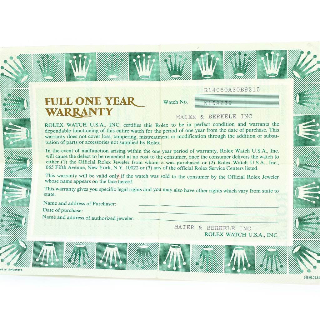 The image shows a warranty card for the Rolex Submariner 14060 Men's Stainless Steel Black Dial 14060 Men's Stainless Steel Black Dial model, highlighting a "Full One Year Warranty."