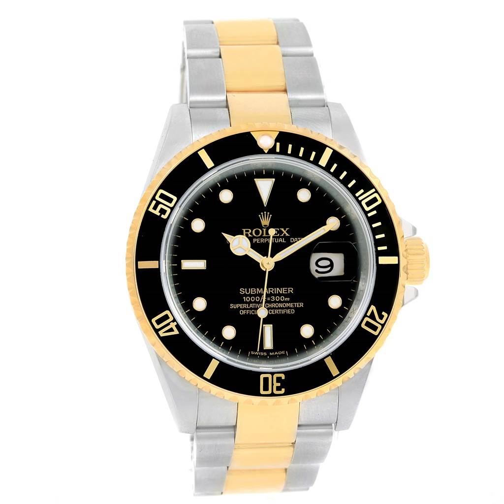 The image shows a front view of a Rolex Submariner 16613 Men's Steel and Gold (two tone) Black Dial 16613 Men's Steel and Gold (two tone) Black Dial watch with a black dial and a two-tone bracelet.