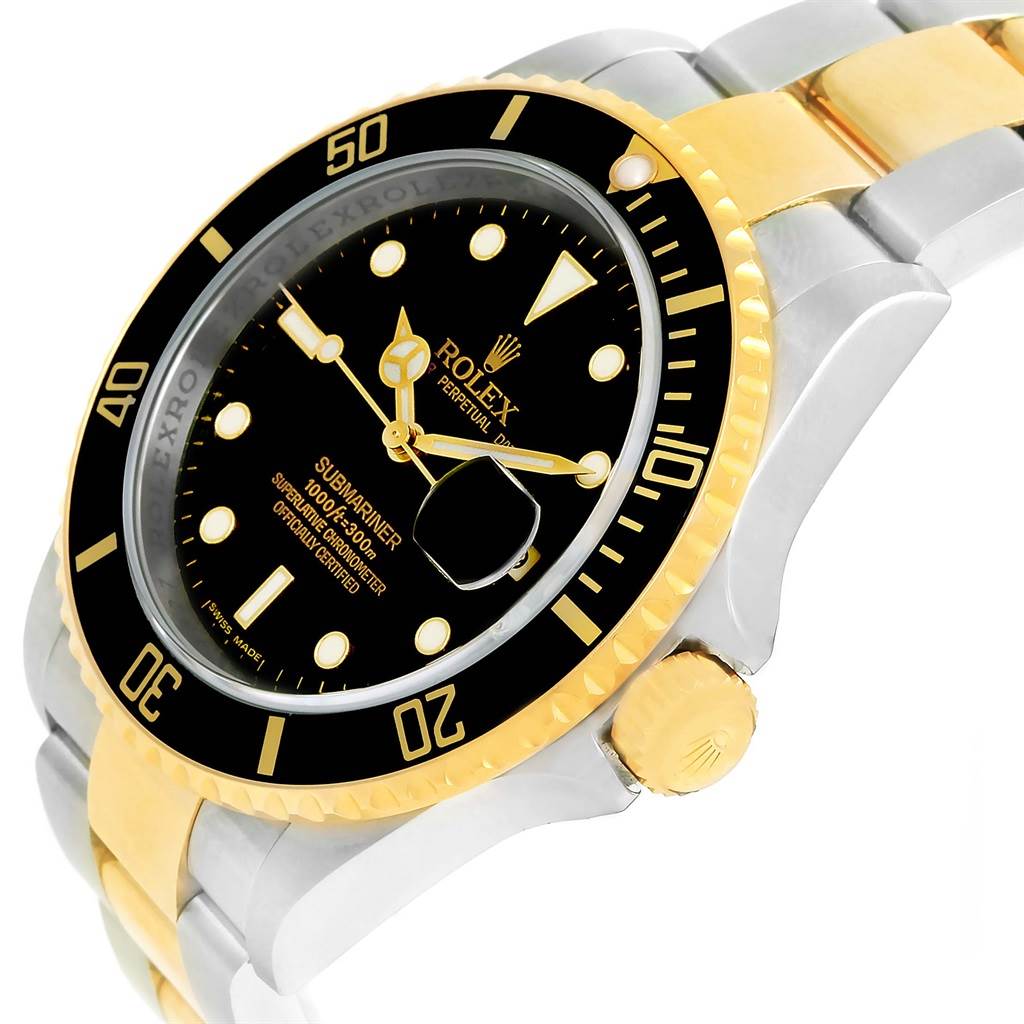 This Rolex Submariner 16613 Men's Steel and Gold (two tone) Black Dial 16613 Men's Steel and Gold (two tone) Black Dial watch is shown at a side angle, highlighting its black dial, gold bezel, and two-tone bracelet.