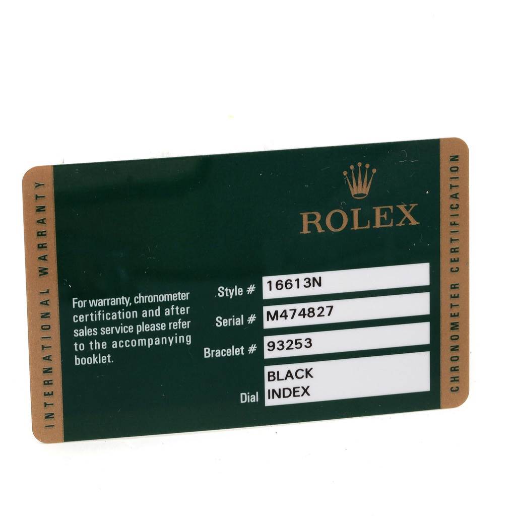 The image shows a warranty card for a Rolex Submariner 16613 Men's Steel and Gold (two tone) Black Dial 16613 Men's Steel and Gold (two tone) Black Dial model, detailing the style, serial, bracelet, and dial information.