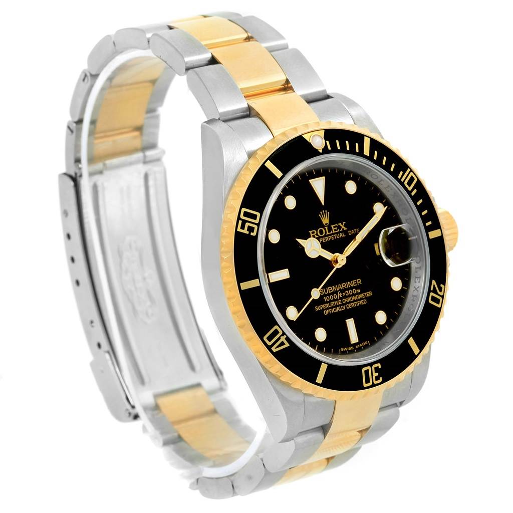 The image shows a Rolex Submariner 16613 Men's Steel and Gold (two tone) Black Dial 16613 Men's Steel and Gold (two tone) Black Dial watch from an angled side view, featuring its bezel, face, and bracelet.