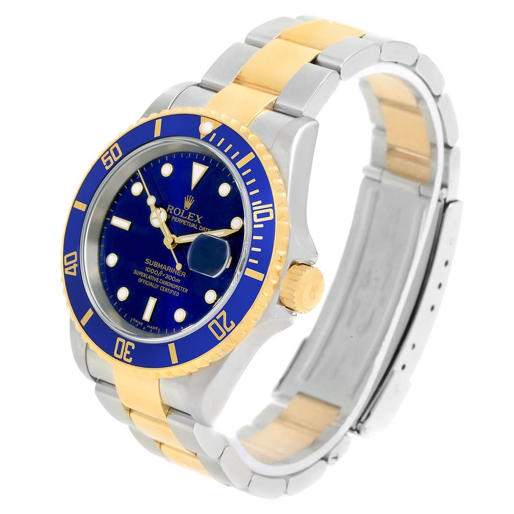 The Rolex Submariner 16613 Men's Steel and Gold (two tone) Blue Dial 16613 Men's Steel and Gold (two tone) Blue Dial watch is shown at a front angle, highlighting its blue dial, gold bezel, and two-tone bracelet.