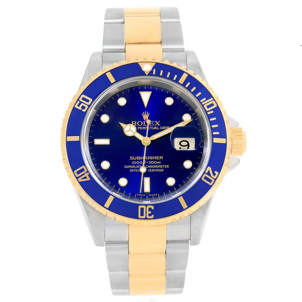 The image shows a front view of a Rolex Submariner 16613 Men's Steel and Gold (two tone) Blue Dial 16613 Men's Steel and Gold (two tone) Blue Dial watch, displaying its dial, bezel, crown, and metal bracelet.