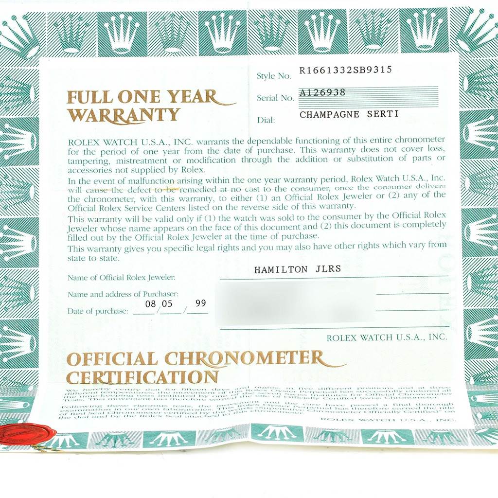 This image shows the warranty certificate for a Rolex Submariner 16613 Men's Steel and Gold (two tone) Champagne Dial 16613 Men's Steel and Gold (two tone) Champagne Dial watch, model R1661332SB9315, serial number A126938.