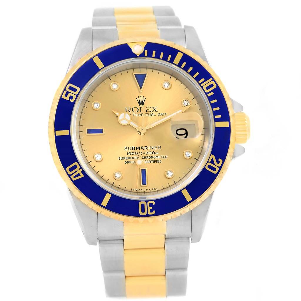 The image shows a front view of the Rolex Submariner 16613 Men's Steel and Gold (two tone) Champagne Dial 16613 Men's Steel and Gold (two tone) Champagne Dial watch with a blue and gold bezel and a gold and silver strap.