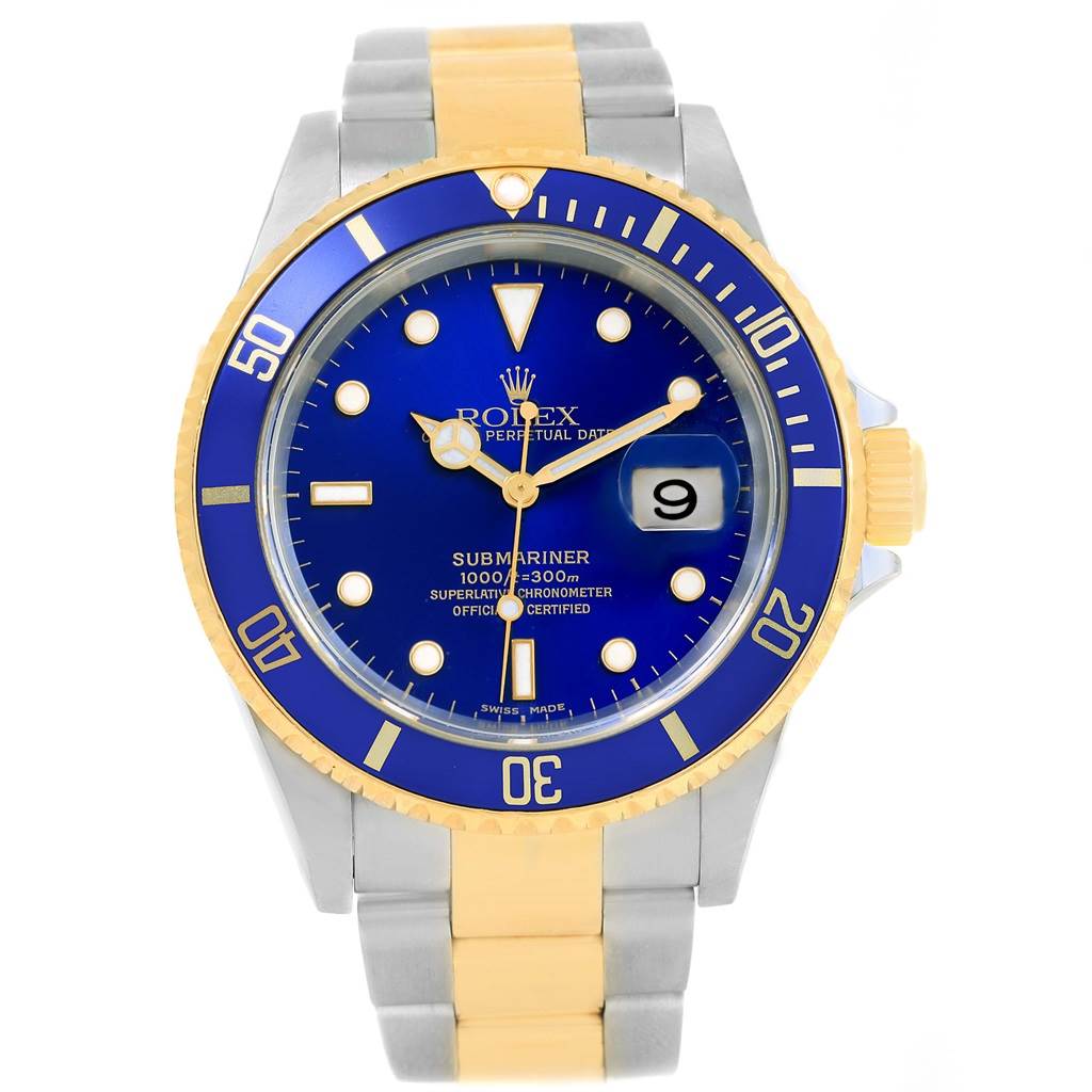 This Rolex Submariner 16613 Men's Steel and Gold (two tone) Blue Dial 16613 Men's Steel and Gold (two tone) Blue Dial watch is shown from a front angle, displaying its blue dial, date window, and two-tone bracelet.