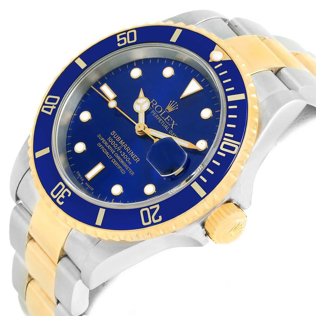 This image shows a Rolex Submariner 16613 Men's Steel and Gold (two tone) Blue Dial 16613 Men's Steel and Gold (two tone) Blue Dial watch at an angled view, highlighting its blue bezel, face, and gold accents on the bracelet and crown.