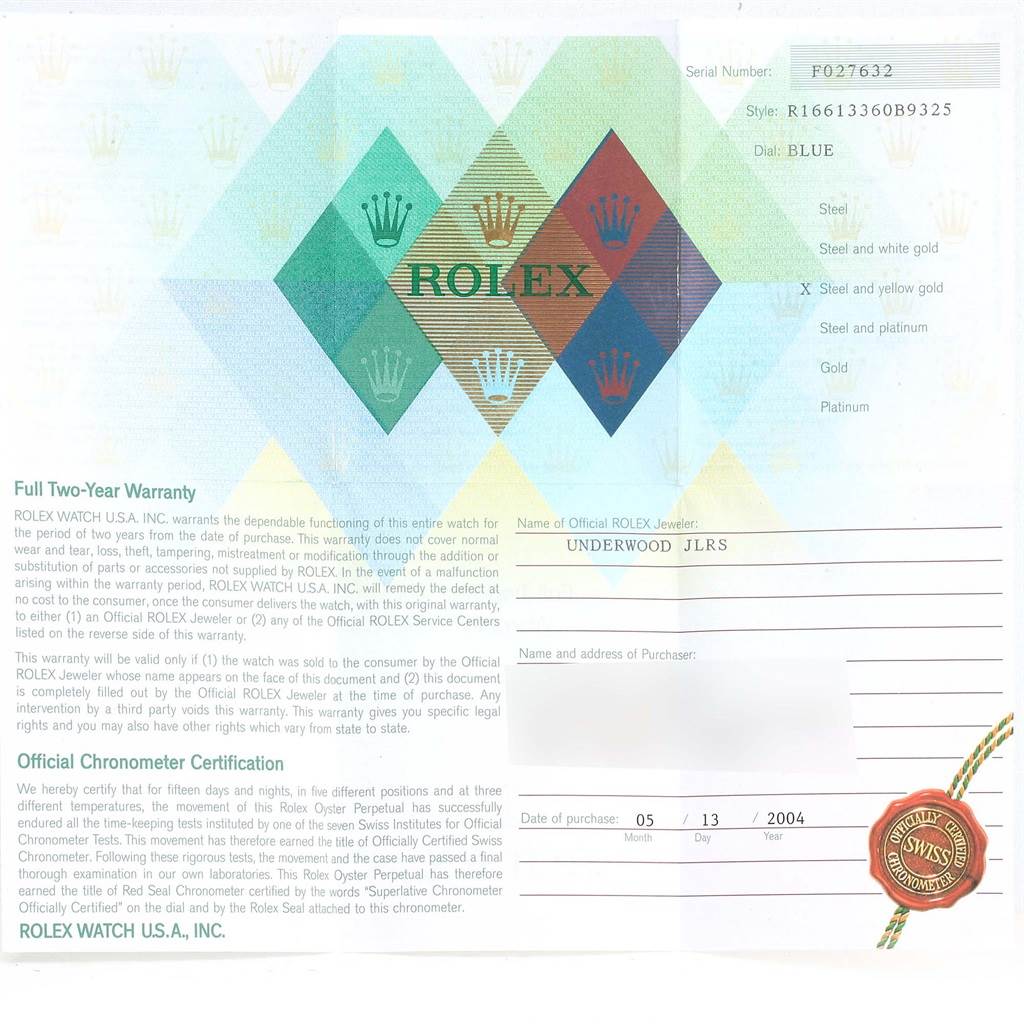 The image shows the warranty card and certification document for a Rolex Submariner 16613 Men's Steel and Gold (two tone) Blue Dial 16613 Men's Steel and Gold (two tone) Blue Dial watch.