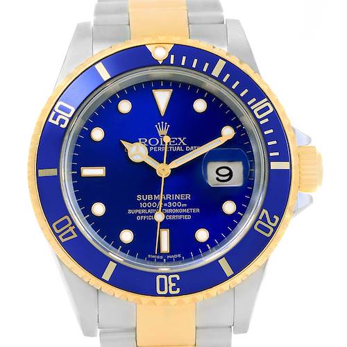 Photo of Rolex Submariner Steel 18K Yellow Gold Blue Dial Watch 16613 Box Papers