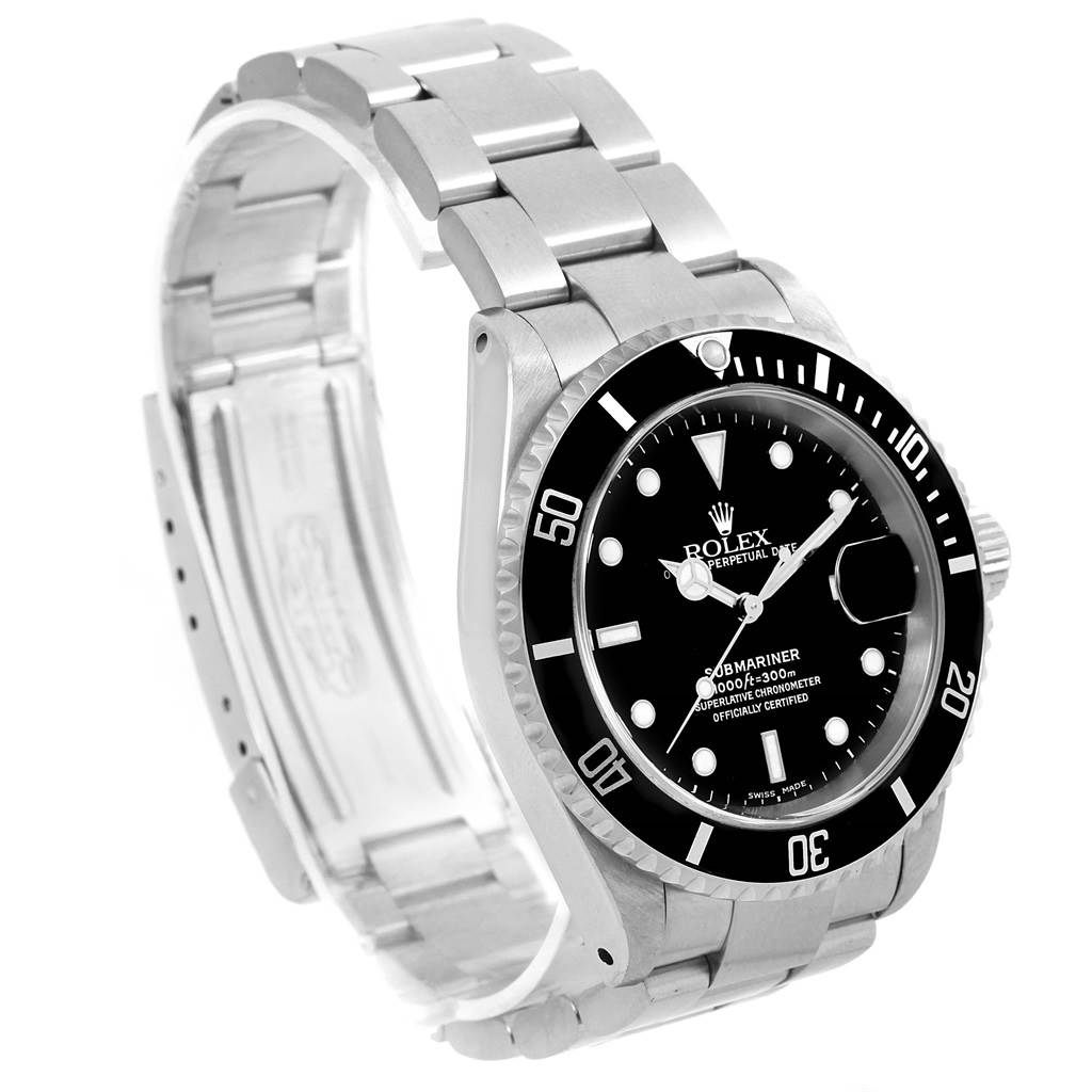 The image shows a side angle of a Rolex Submariner 16610 Men's Stainless Steel Black Dial 16610 Men's Stainless Steel Black Dial watch, highlighting the bezel, dial, case, and bracelet.