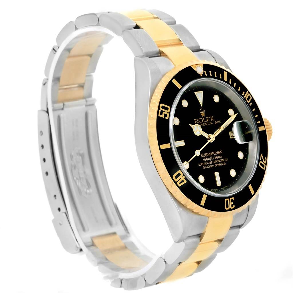 The image shows a side angle view of a Rolex Submariner 16613 Men's Steel and Gold (two tone) Black Dial 16613 Men's Steel and Gold (two tone) Black Dial, highlighting its two-tone bracelet, black dial, and bezel.