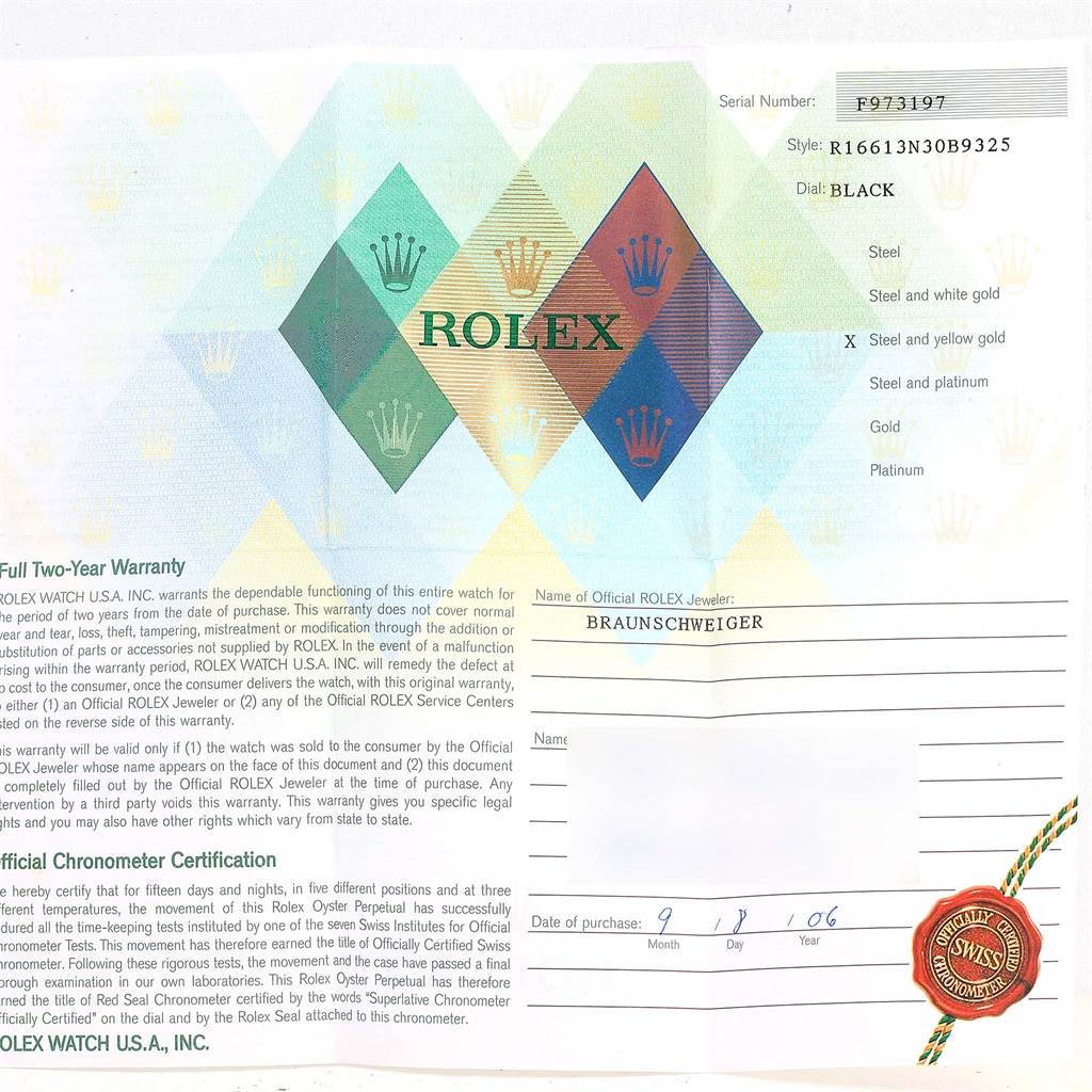 This image shows the warranty card and details for the Rolex Submariner 16613 Men's Steel and Gold (two tone) Black Dial 16613 Men's Steel and Gold (two tone) Black Dial model with reference number R16613N30B9325.