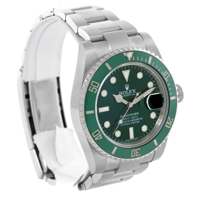 This image shows a Rolex Submariner 116610LV Men's Stainless Steel Green Dial 116610LV Men's Stainless Steel Green Dial watch from a three-quarter angle, highlighting the face, bezel, and bracelet.