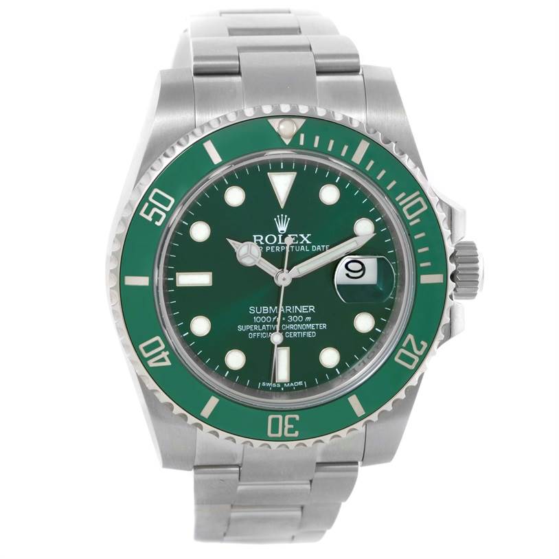 The image shows a frontal view of a Rolex Submariner 116610LV Men's Stainless Steel Green Dial 116610LV Men's Stainless Steel Green Dial watch with a green bezel and dial.