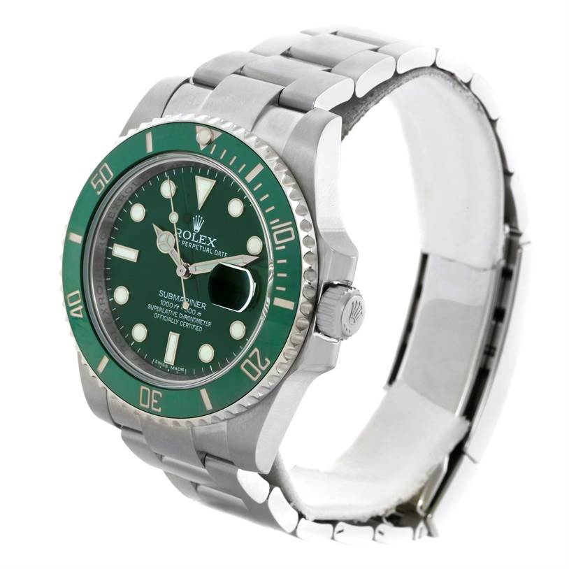 The image shows a Rolex Submariner 116610LV Men's Stainless Steel Green Dial 116610LV Men's Stainless Steel Green Dial watch at a three-quarter angle, highlighting its green bezel, dial, and stainless steel bracelet.