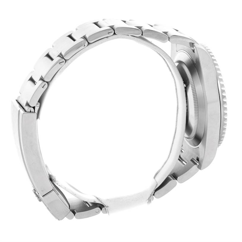 The image shows the side view of a Rolex Submariner 116610LV Men's Stainless Steel Green Dial 116610LV Men's Stainless Steel Green Dial, highlighting its bracelet and the side of the watch case.