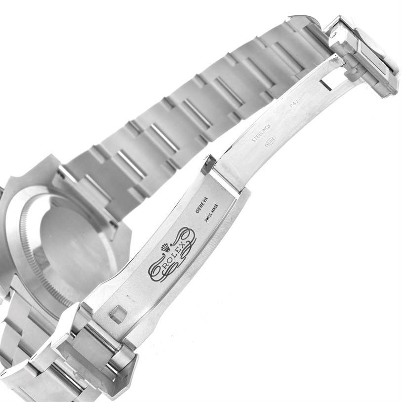 The image shows a Rolex Submariner 116610LV Men's Stainless Steel Green Dial 116610LV Men's Stainless Steel Green Dial watch from the back, focusing on the open clasp and bracelet.