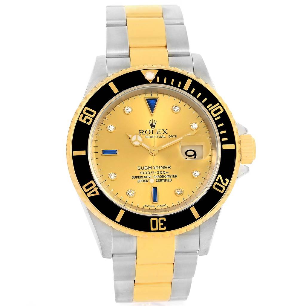 This image shows a front view of a Rolex Submariner 16613 Men's Steel and Gold (two tone) Champagne Dial 16613 Men's Steel and Gold (two tone) Champagne Dial watch with a two-tone stainless steel and gold bracelet and a gold dial.