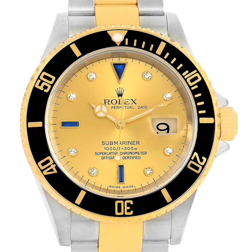 This image shows a frontal view of a Rolex Submariner 16613 Men's Steel and Gold (two tone) Champagne Dial 16613 Men's Steel and Gold (two tone) Champagne Dial watch, featuring a yellow dial, date window, and a black bezel.