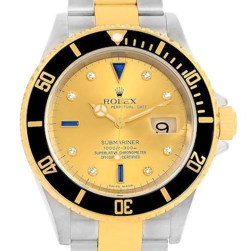 Photo of Rolex Submariner Steel Yellow Gold Diamond Sapphire Serti Watch 16613