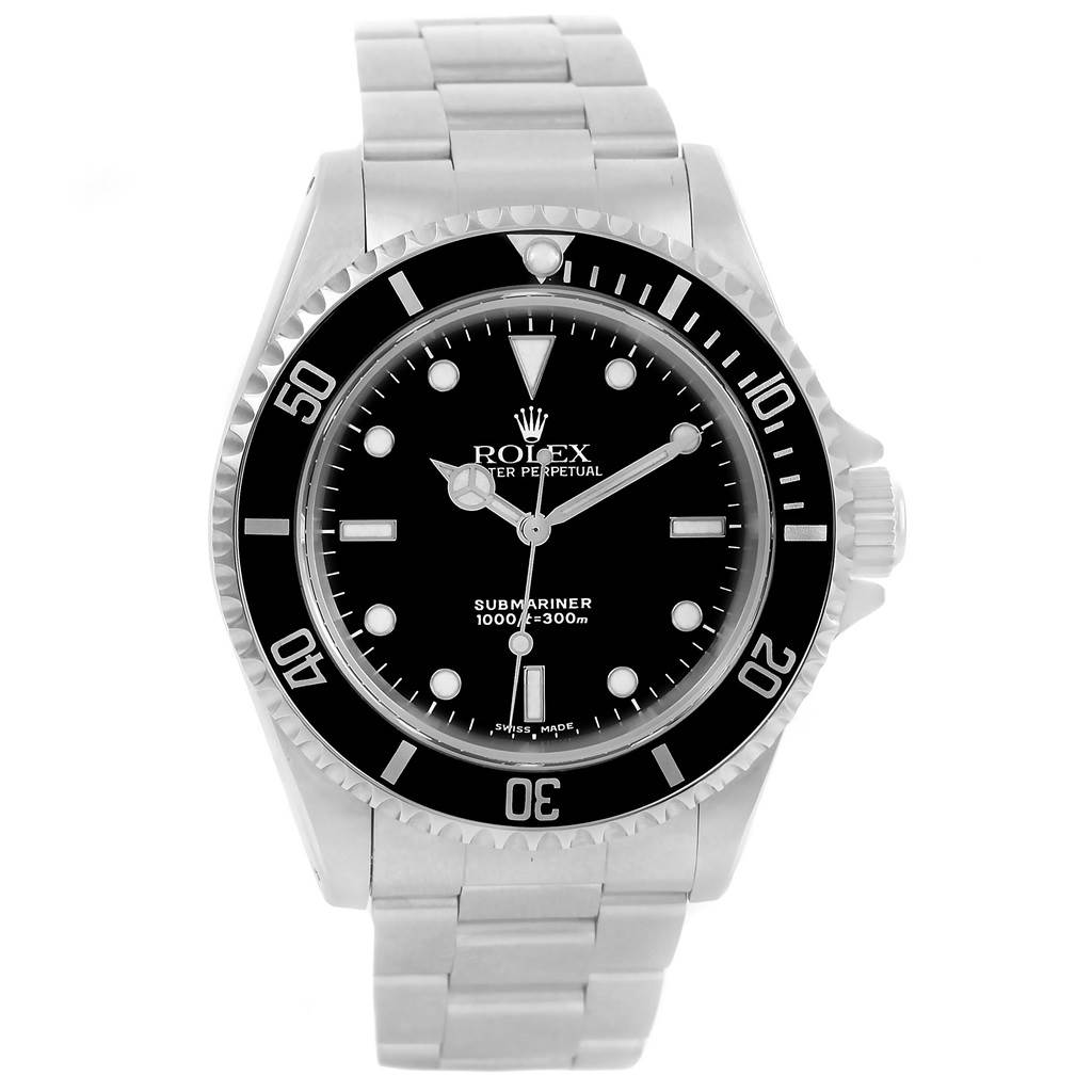 The image shows a front view of a Rolex Submariner 14060 Men's Stainless Steel Black Dial 14060 Men's Stainless Steel Black Dial, featuring its bezel, dial, and bracelet.