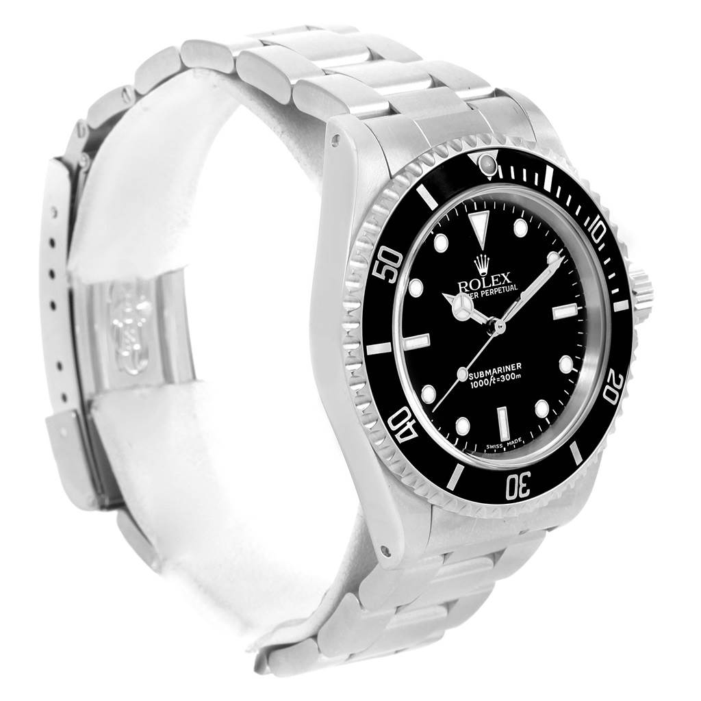 The Rolex Submariner 14060 Men's Stainless Steel Black Dial 14060 Men's Stainless Steel Black Dial watch is shown at a three-quarter angle, highlighting its bezel, face, band, and clasp.