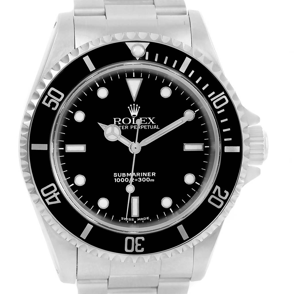 This image shows a front view of the Rolex Submariner 14060 Men's Stainless Steel Black Dial 14060 Men's Stainless Steel Black Dial watch, highlighting the dial, bezel, and part of the bracelet.