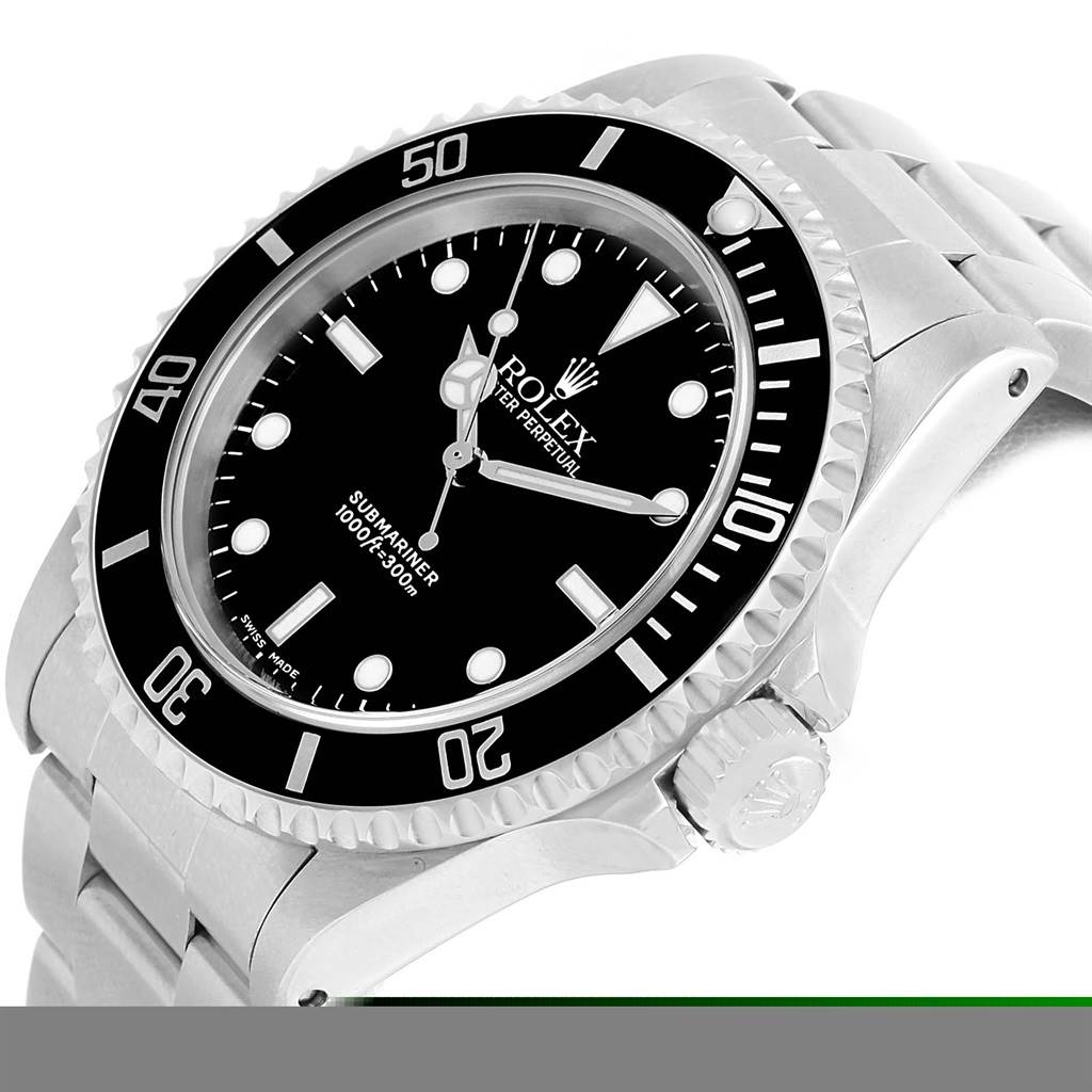 The image shows a Rolex Submariner 14060 Men's Stainless Steel Black Dial 14060 Men's Stainless Steel Black Dial watch at an angled view focusing on the dial, bezel, crown, and part of the bracelet.